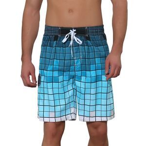 Men's Hawaiian Drawstring Waist Color Block Plaid Board Shorts Blue